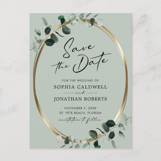 Eukalyptus Moderne Kalligraphie Save the Date Ankündigungspostkarte (Vorderseite)