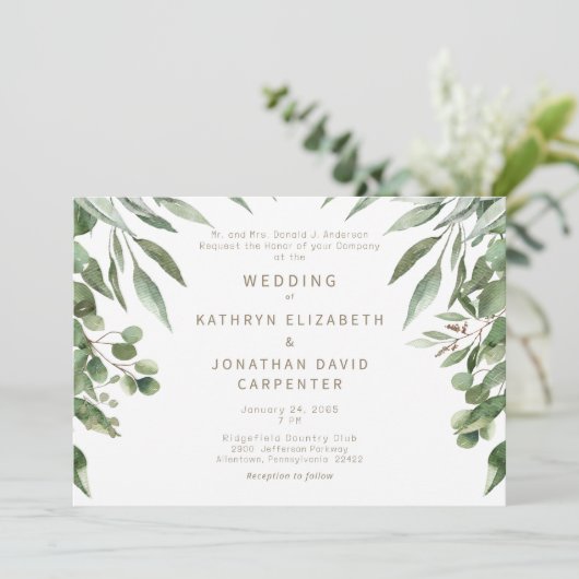 Eukalyptus - Moderner Goldtext Einladung (Stehend Vorderseite)