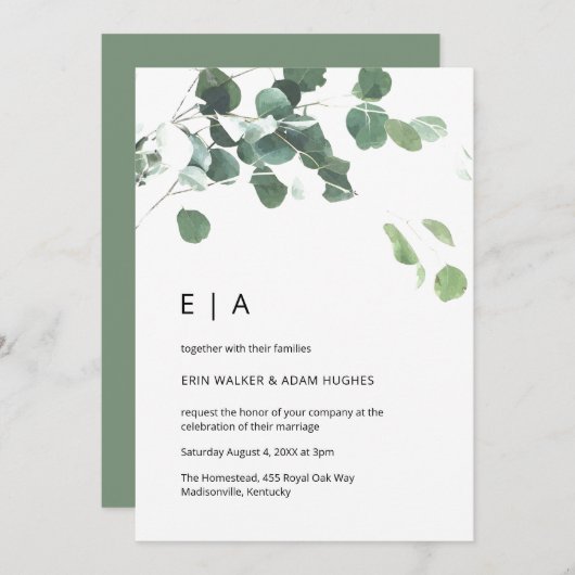 Eukalyptus moderner Schriftart hellgrün Einladung (Vorne/Hinten)