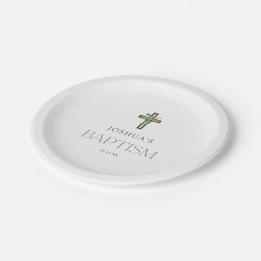 Eukalyptus Modernes Cross-Baptisse-Party Pappteller (Schrägansicht)