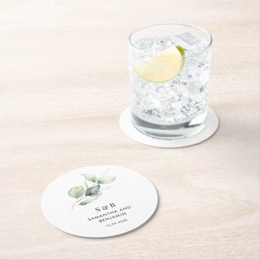 Eukalyptus Monogram Botanical Monogram Wedding Runder Pappuntersetzer (Vor Ort)