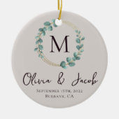 Eukalyptus Monogram First Christmas Wedding Foto Keramik Ornament (Vorne)