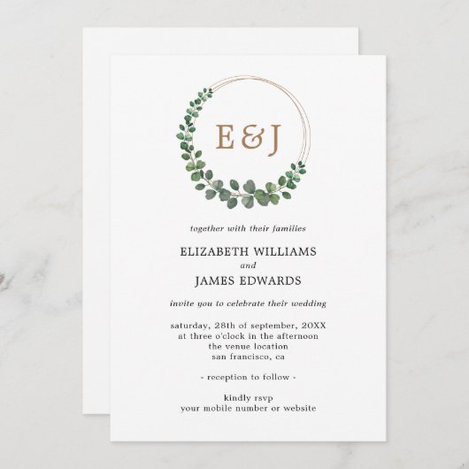 Eukalyptus monogram Minimalistisch Wedding Einladung (Vorne/Hinten)