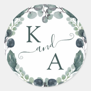 Eukalyptus Monogram Watercolor Wedding Runder Aufkleber