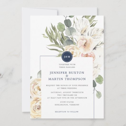 Eukalyptus Monogram Wedding Navy & Ivory Floral Einladung (Vorderseite)