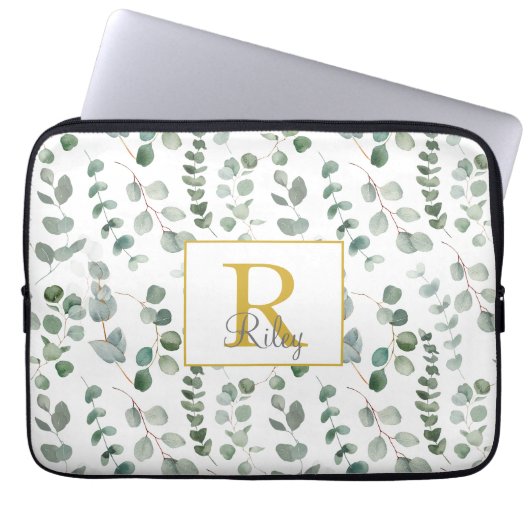 Eukalyptus-Monogramm-Blätter Muster Laptopschutzhülle (Vorderseite)