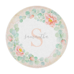 Eukalyptus-Monogramm-Blätter Peony Floral Peach Schneidebrett