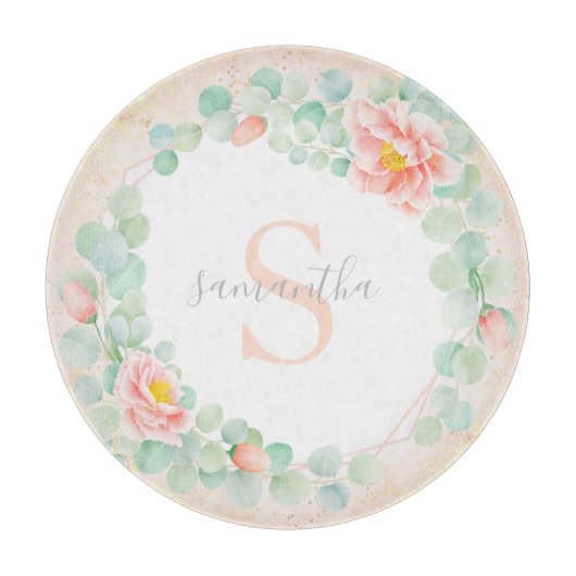 Eukalyptus-Monogramm-Blätter Peony Floral Peach Schneidebrett (Vorderseite)