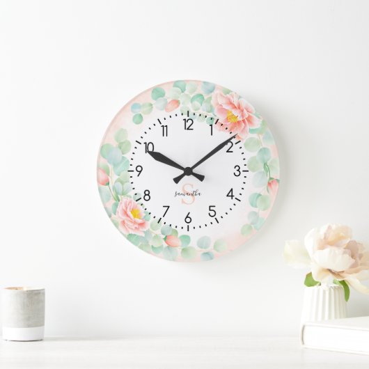 Eukalyptus-Monogramm-Blätter Pfirsichpfirsichpfirs Große Wanduhr (Zuhause)