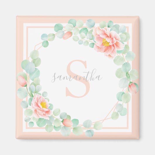 Eukalyptus-Monogramm-Blätter Pfirsichpfirsichpfirs Magnet (Vorne)