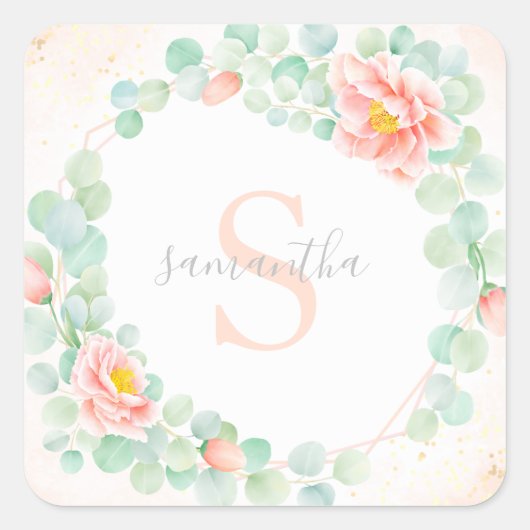 Eukalyptus-Monogramm-Blätter Pfirsichpfirsichpfirs Quadratischer Aufkleber (Vorderseite)