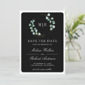Eukalyptus-Monogramm-Fotocollage Schwarze Hochzeit Save The Date (Stehend Vorderseite)