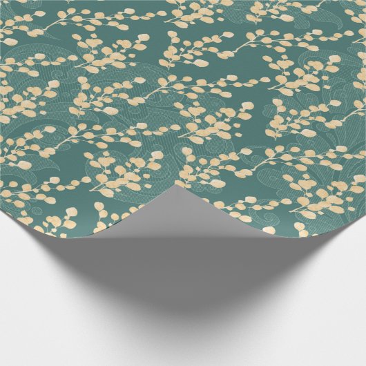 Eukalyptus-Muster aquamarin und Gold Geschenkpapier (Ecke)
