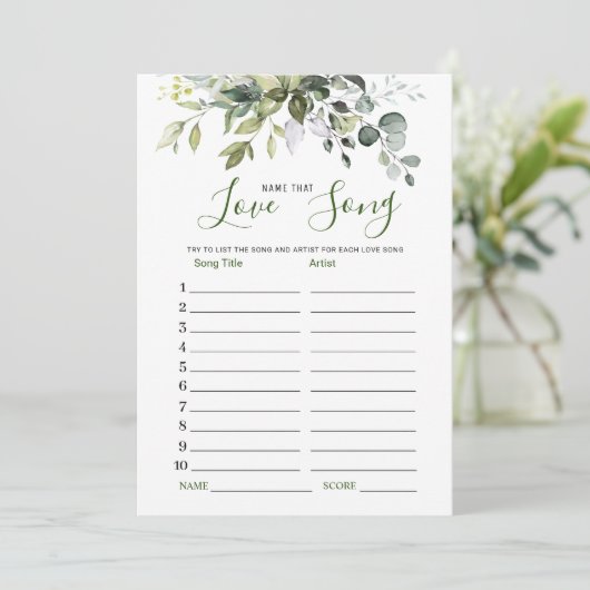 Eukalyptus Name dieser Liebe Song Bridal Game Card Einladung (Stehend Vorderseite)
