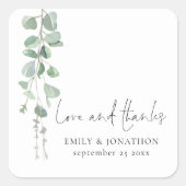 Eukalyptus-Namen Datum Liebe dank Script Hochzeit Quadratischer Aufkleber (Vorderseite)