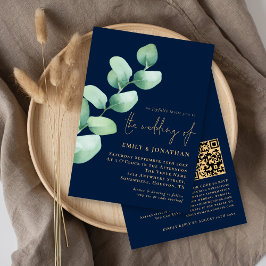Eukalyptus Navy Blue Gold QR Code Skript Hochzeit Einladung
