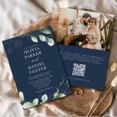 Eukalyptus Navy Blue QR Code Foto Hochzeit Einladung