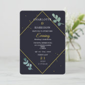 Eukalyptus Navy Gold Abend Einladung zur Hochzeit (Stehend Vorderseite)