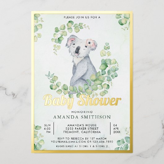 Eukalyptus Niedlich Koala Bear Baby Dusche Gold Folieneinladung (Vorderseite)
