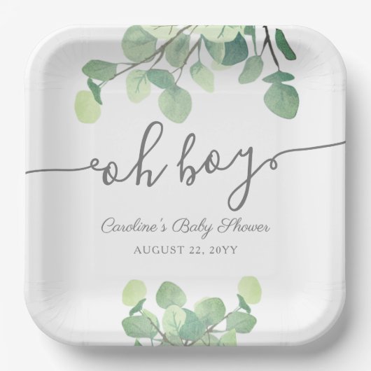 Eukalyptus Oh Boy Baby Shower Pape Pappteller (Vorderseite)