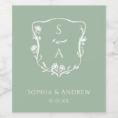 Eukalyptus Original Monogram Floral Wappen Wedding Weinetikett (Einzelnes Label)