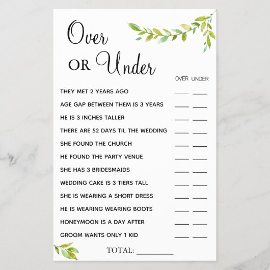Eukalyptus Over oder Under Brautparty Spielkarte Flyer (Vorne)