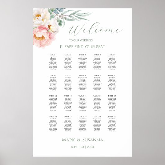 Eukalyptus-Peonies Hochzeitsstichtabelle Poster (Vorne)