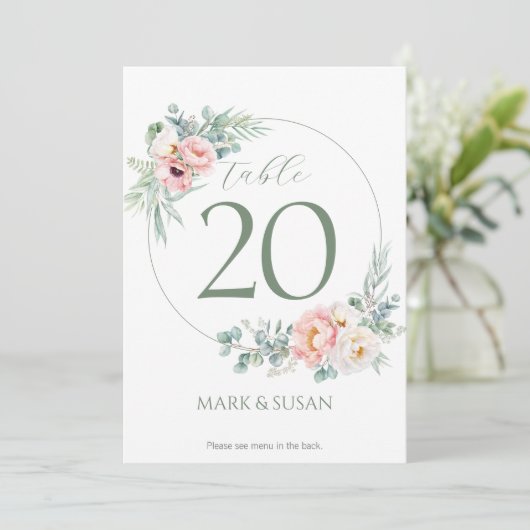 Eukalyptus Peonies Wedding Tischnummer & Menus (Stehend Vorderseite)