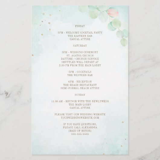 Eukalyptus Peony Floral Wedding Welcome Itinerary (Rückseite)