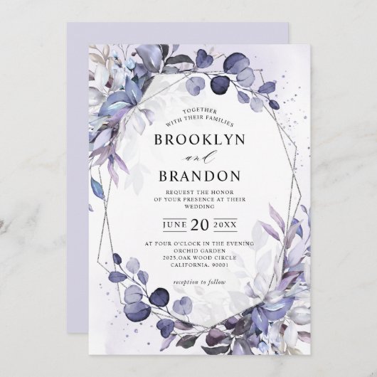 Eukalyptus Periwinkle Lila Geometric Wedding Einladung (Vorne/Hinten)