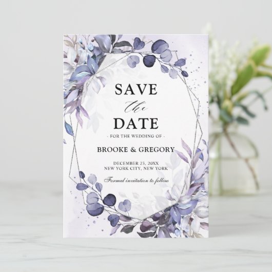 Eukalyptus Periwinkle Lila Geometric Wedding Save The Date (Stehend Vorderseite)