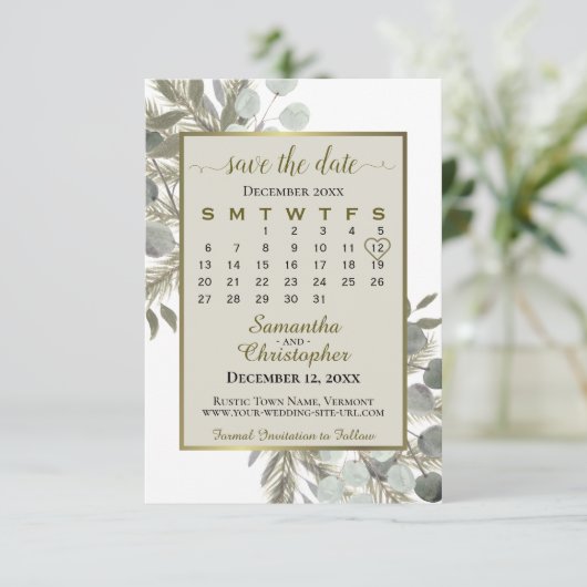 Eukalyptus Pine Calendar Taupe Hochzeit Save The Date (Stehend Vorderseite)