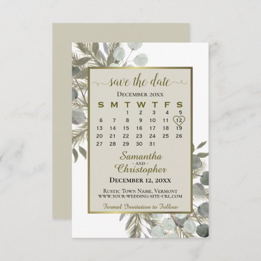 Eukalyptus Pine Calendar Taupe Hochzeit Save The Date (Vorne/Hinten)