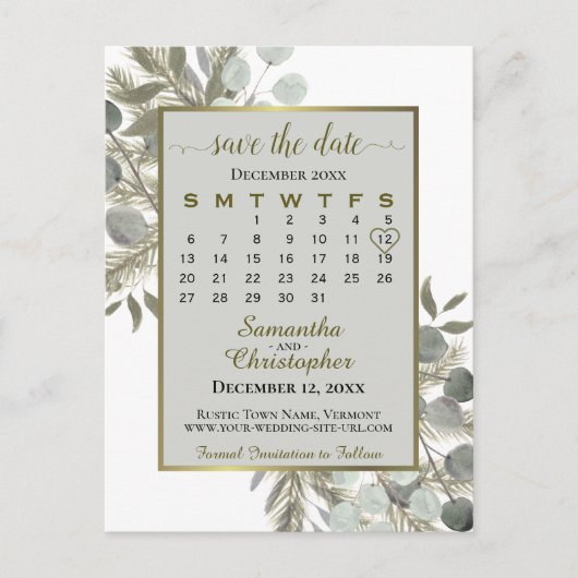 Eukalyptus & Pine Grey Save the Date Calendar Ankündigungspostkarte (Vorderseite)