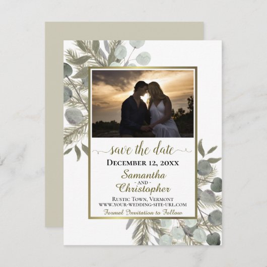 Eukalyptus & Pine mit Foto White Wedge Save The Date (Vorne/Hinten)