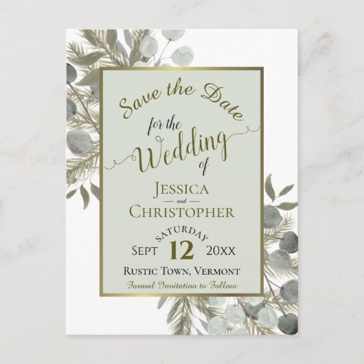 Eukalyptus & Pine Sage Green Wedding Save the Date Ankündigungspostkarte (Vorderseite)