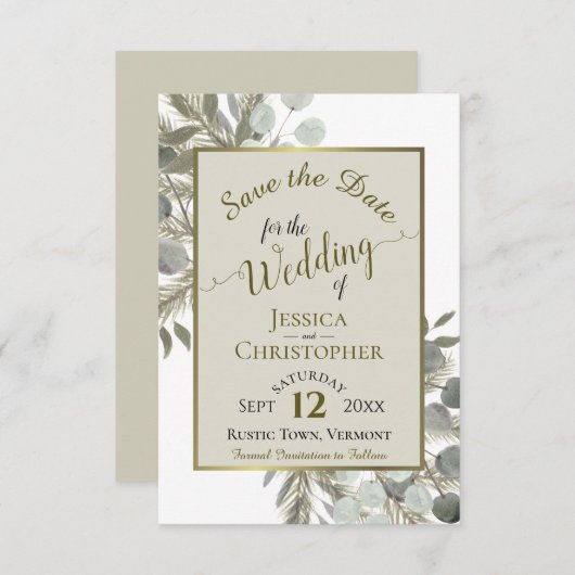 Eukalyptus & Pine Taupe Hochzeit Save The Date (Vorne/Hinten)