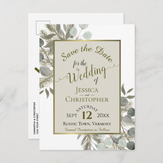 Eukalyptus & Pine Taupe Hochzeit Sichern Datum Ankündigungspostkarte (Vorne/Hinten)