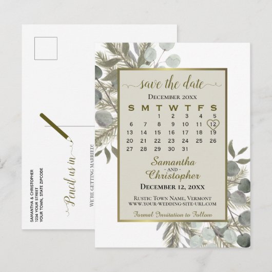 Eukalyptus & Pine Taupe Tan Save the Date Kalender Ankündigungspostkarte (Vorne/Hinten)