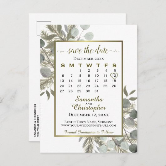Eukalyptus & Pine Wedding Save the Date Calendar Ankündigungspostkarte (Vorne/Hinten)