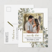 Eukalyptus & Pine Wedding Save the Date Foto Ankündigungspostkarte (Vorne/Hinten)