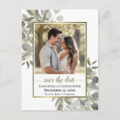 Eukalyptus & Pine Wedding Save the Date Foto Ankündigungspostkarte (Vorderseite)