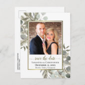 Eukalyptus & Pine Wedding Save the Date Foto Ankündigungspostkarte (Vorne/Hinten)