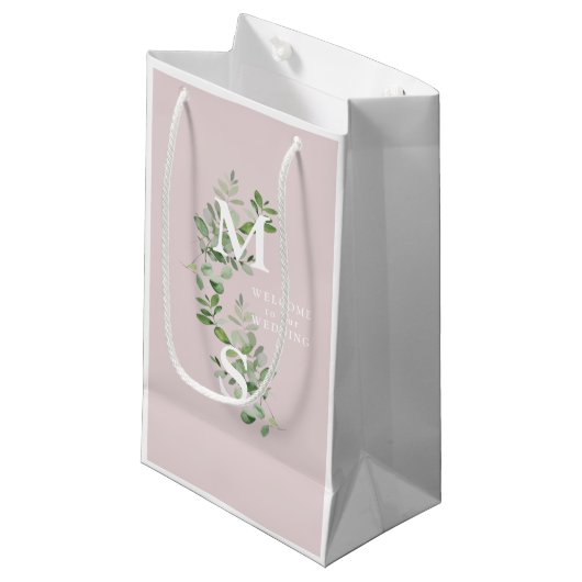 Eukalyptus pink-Hochzeit in weißer Monogramm Begrü Kleine Geschenktüte (Vorderseite Schrägansicht)