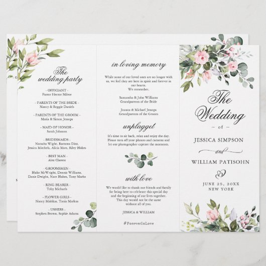 Eukalyptus Pink Roses Hochzeitsprogramm (Vorne/Hinten)