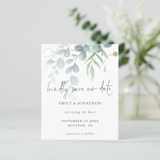 Eukalyptus Powder Blue Gold Save the Date (Stehend Vorderseite)