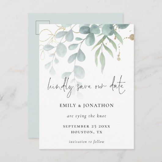 Eukalyptus Powder Blue Gold Script Save the Date Einladungspostkarte (Vorne/Hinten)