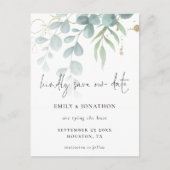 Eukalyptus Powder Blue Gold Script Save the Date Einladungspostkarte (Vorderseite)