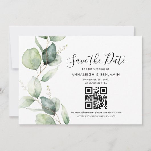 Eukalyptus QR Code Botanische Hochzeit speichern d Save The Date (Vorderseite)