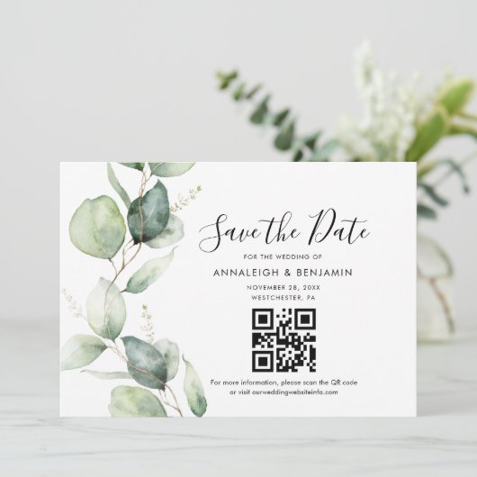 Eukalyptus QR Code Botanische Hochzeit speichern d Save The Date (Stehend Vorderseite)
